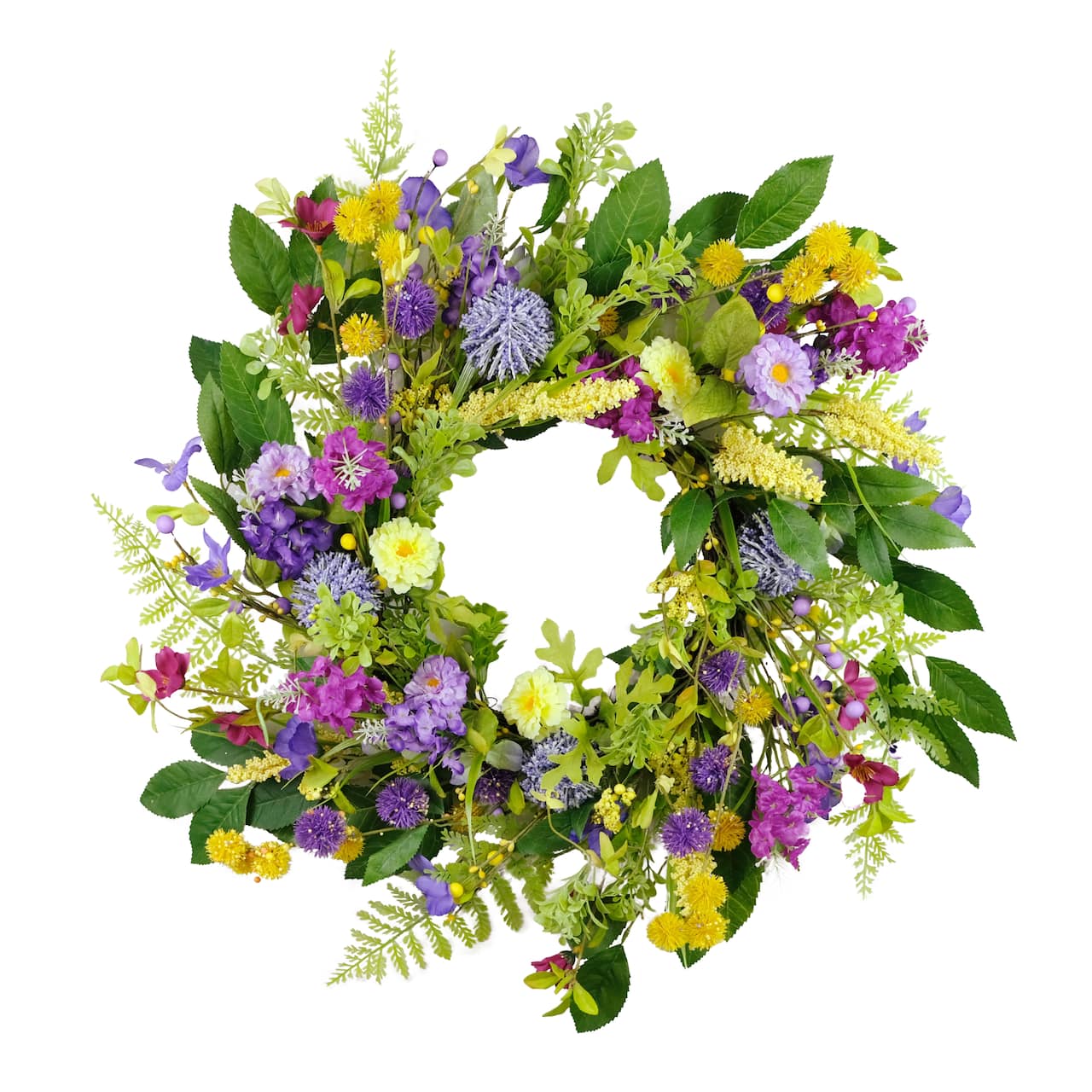 24" Purple & Yellow Spring Echinops & Chrysanthemum Floral Wreath